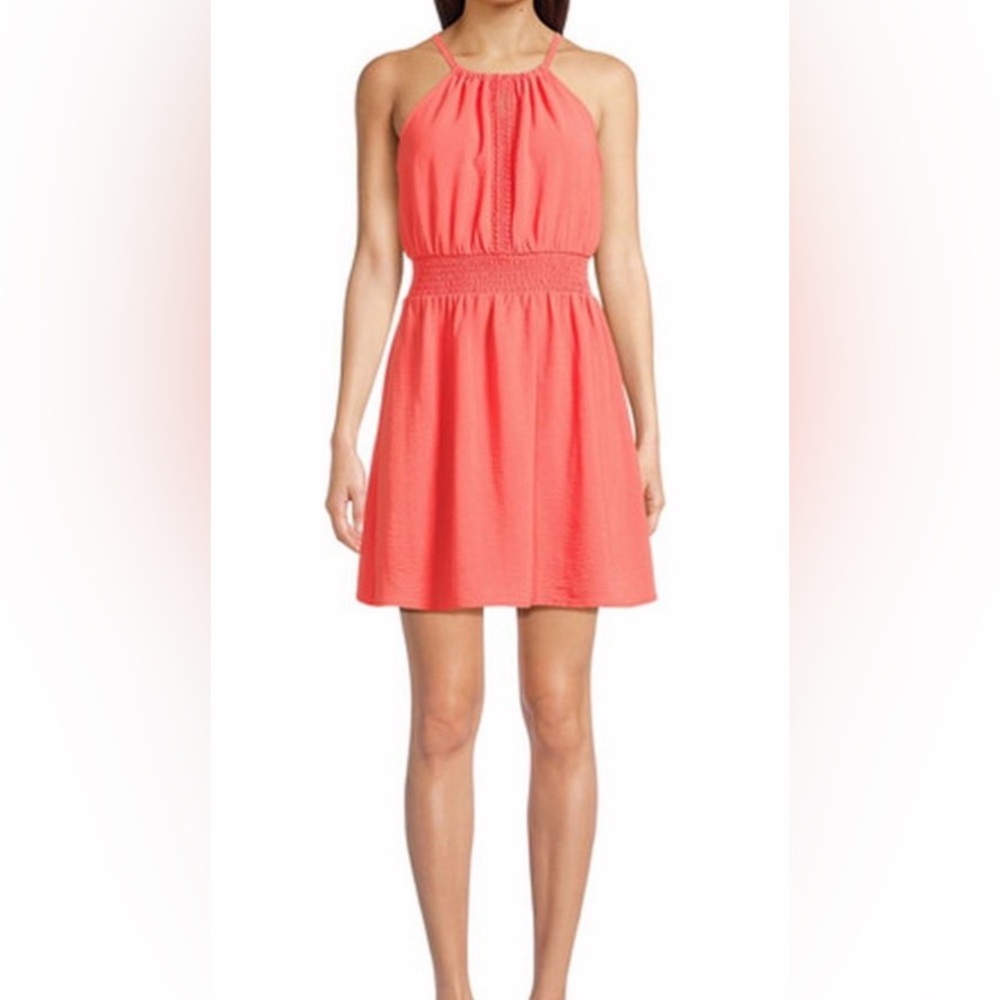 Coral Sleeveless High-Neck Smocked Flowy Mini Sundressdress. Like new!